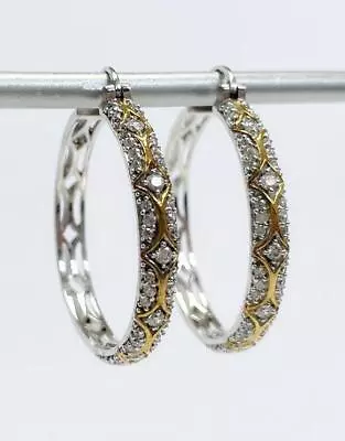 Verragio White CZ Crystal Sterling Silver Two Tone Gold 5/8  Hoop Earrings .925 • $65