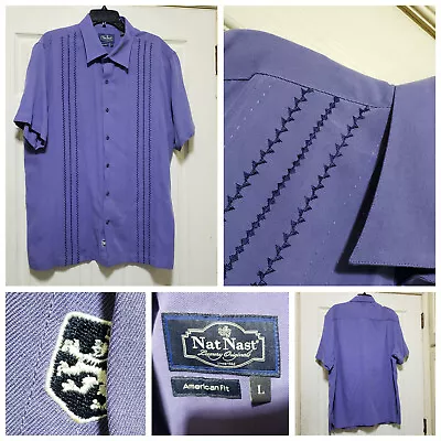 Nat Nast Shirt Men Large American Fit Purple Silk Embroidered Bowling Dad Lounge • $32.88