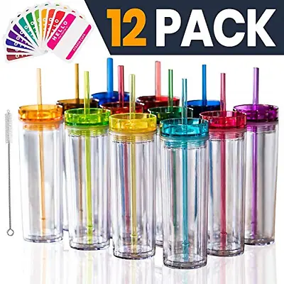 $44.28 • Buy SKINNY TUMBLERS 12 Colored Acrylic Tumblers With Lids And Straws | Skinny, 16oz