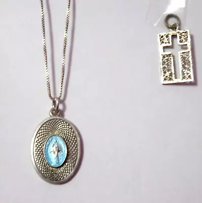 Small Creed 925 Sterling Guilloche Enamel Miraculous Mary Medal Pendant & Cross • $25