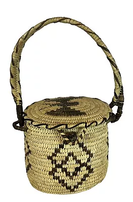 Vtg Native American Hand Woven Coiled Basket Southwestern W/ Lid And Handle • $88