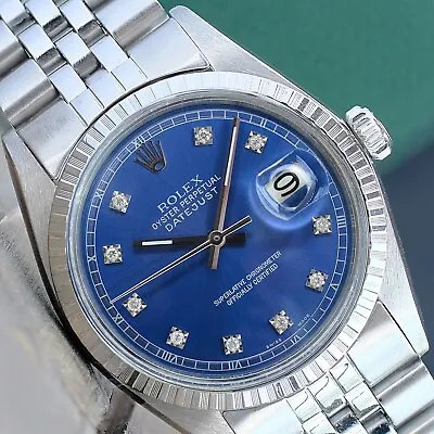 Rolex Mens Datejust Stainless Steel Blue Diamond Dial Engine Turned 36mm Watch • $4295