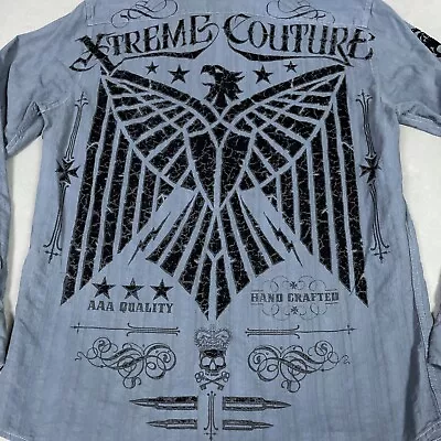 Extreme Couture Shirt Mens Medium Blue Eagle Wings Felt Velvet Cross Streetwear • $22.72