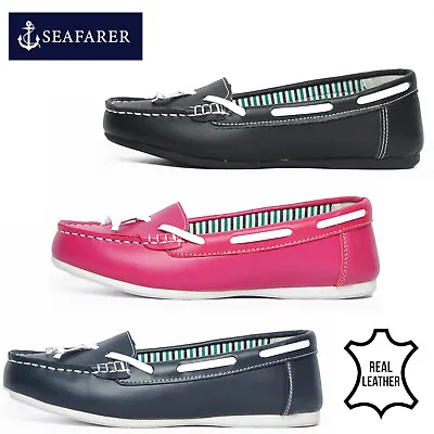 £12.99 • Buy REAL LEATHER - Seafarer Yachtsman Womens Slip-On Designer Loafer Moc Deck Shoes