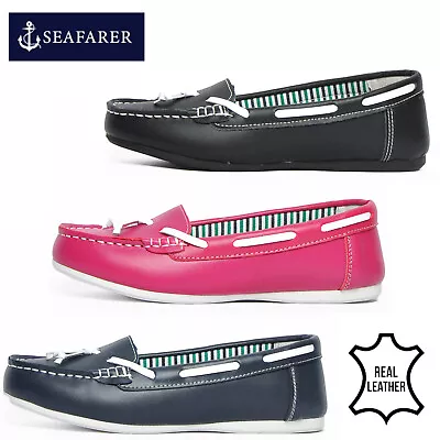 REAL LEATHER - Seafarer Yachtsman Womens Slip-On Designer Loafer Moc Deck Shoes • £12.99