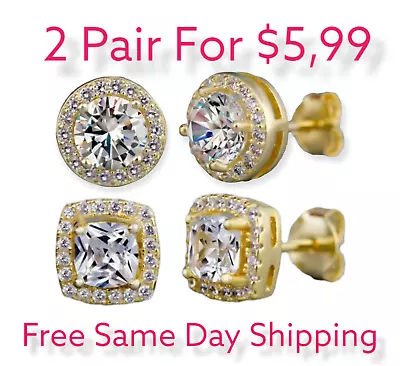 2Pair  Gold Plated Stud Earrings With Cubic Zirconia For Men Women Unisex • $5.99