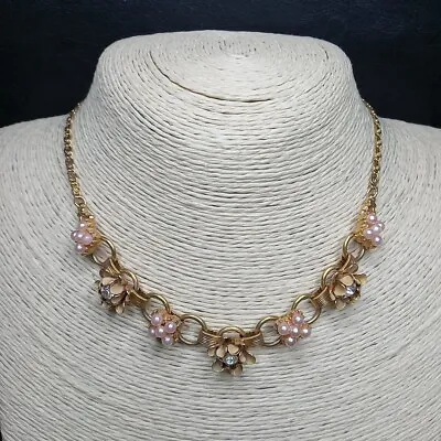 Vintage Flowers Necklace  Rhinestone And Faux Pearl Gold Tone. 10056 • $18.99