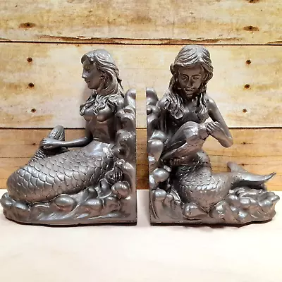 7  Mermaid Resin 2 Bookends Nautical Art Décor On Sea Rocks Silver Lacquered • $129.99