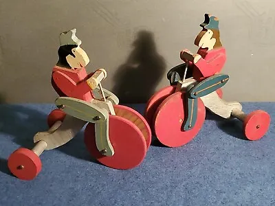 Folk Art Wood Toys Pair Of Circus Monkeys Riding Tricycles Antique Painted • $118