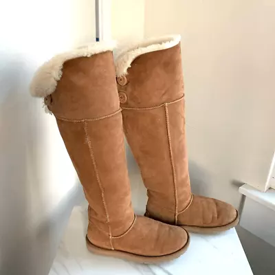 UGG Over The Knee Sheepskin Boots Bailey Button Brown Sz 6 Fits 6 -7 Womens • £156.74