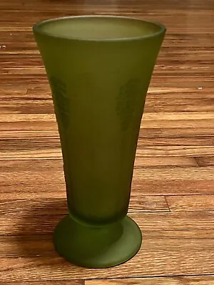 Vintage Green Frosted Satin Indiana Glass Vase With Grape Design 10” • $22.66