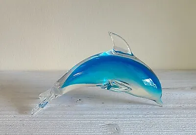 Murano Style Glass Two-toned Blue Art Glass Dolphin Figurine Paperweight  • $22