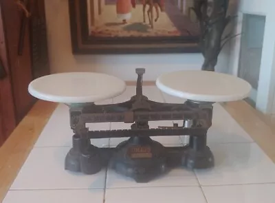 Vintage Ohaus Black Iron Balance Scale Double Beam Milk Glass. Newark Scale  NJ • $125