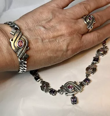 Vintage Ross Simons Sterling Silver Gemstone Bracelet Necklace Ring Set • $180