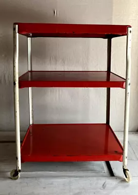 $80 • Buy Vintage Cosco 3 Tier Rolling Cart Red And White 1950s Mid Century