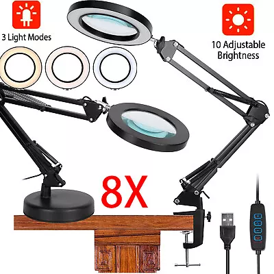 2-in-1 Magnifier LED Lamp 8X Magnifying Glass Desk Light Reading Lamp Clamp&Base • $29.70