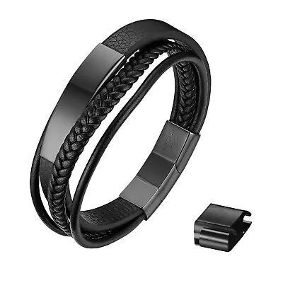 Men's Braided Leather Bangle Bracelet Stainless Steel Magnetic Cuff Wristband • $12.34