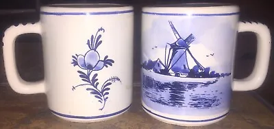 $11.69 • Buy DELFT HOLLAND Lot Of 2 Hand Painted Windmill Coffee Mugs BLUE WHITE Flower EUC