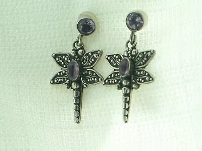 Vintage Sterling Silver Amethyst Dragonfly Dangle Earrings Ex • $45.99