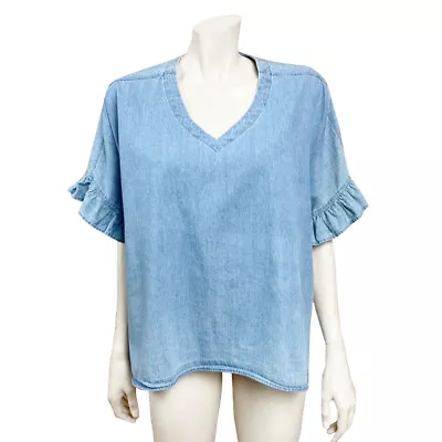 Womens Yahada XS Denim Oversized Top V-Neck Ruffle Sides Boxy • $9.99