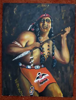 Vtg 1960's Polynesian / Hawaiian Warrior W/ Braids & Spear Original Painting • $399.99