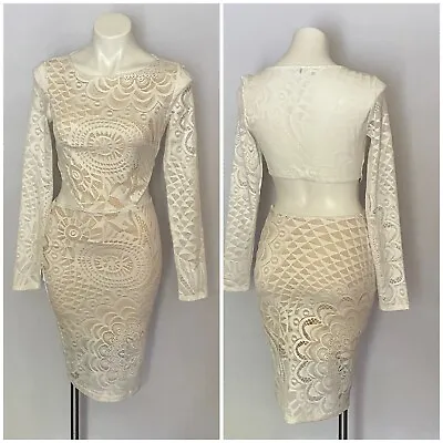 Va Va Voom Champagne Bodycon Long Slv Lace Cocktail Open Back Party Dress Sz S • $25.52