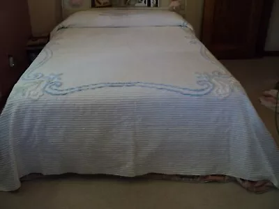 Lovely Vintage Chenille Bedspread Cutter - 104  X 89  White W/Blue Trim & Etc • $12