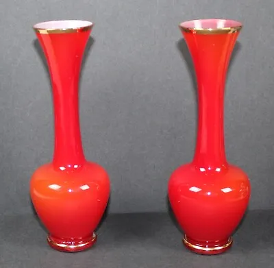 Vintage Art Glass Pair Of  Red & Orange Vases W/ Gold Trim • $18.99