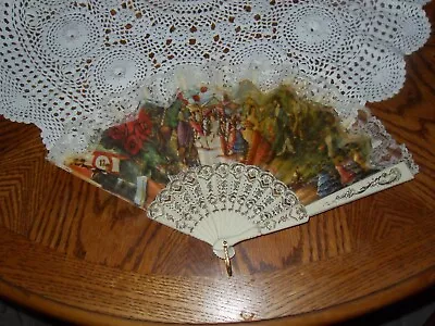 Large Vintage Victorian Style Folding Hand Fan Celluloid Fabric Floral Lace • $15.95