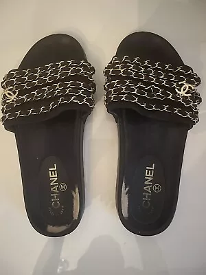 Womens Chanel Tropiconic Black Gold Chain Strap Slides 39 US/9 * • $219