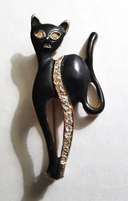 Vintage Black Matte Gold Tone Clear Rhinestone Siamese Cat Brooch • $6.95