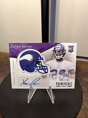 2013 Panini Prominence Helmet Signatures /102 Xavier Rhodes #198 Rookie Auto RC • $28