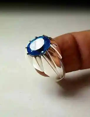 Solid 925 Sterling Silver Blue Sapphire Zircon Oval Gemstone Mens Unisex Ring • $44.98