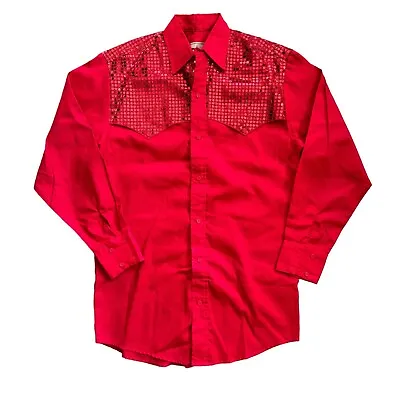 Vintage 90s Steer West Sequin Button Down Red Western Shirt USA Men Sz M/L • $19.99