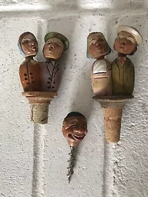 SET Of 3 VINTAGE ANRI CARVED WOOD ANIMATED FIGURES WINE STOPPER CORK ITALY 3 • $26