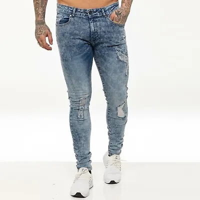 Enzo Skinny Jeans Mens Super Stretch Flex Denim Slim Fit Ripped Destroyed Pants • £9.99