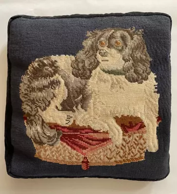 Beautiful Vintage Needlepoint Cushion Kings Charles Spaniel Blue Velvet Back • £65