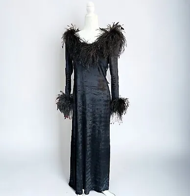 Vintage Black Velvet Ostrich Feather Trim Dress Morticia Fran Witchy 80s Glam M • $224.87