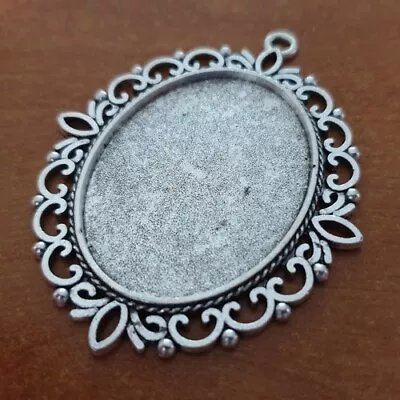 OVAL ANTIQUE SILVER CAMEO CABOCHON PENDANT SETTING TRAY 40x30mm +/- GLASS C37 • £3.99