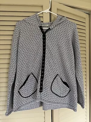 Margaret Winters Black & White 90% Cotton Knit Hooded Cardigan Snap Buttons USA • $14