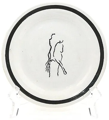 Art Pottery Plate Horse And Rider 7.25  Black White Signed Brown 94 Vintage • $26.49