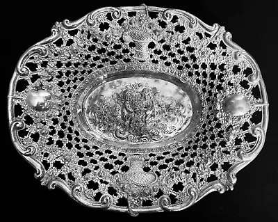 Antique German 800 Sterling Silver Decorative Ornate Bowl Tray Cherubs Flowers  • $350
