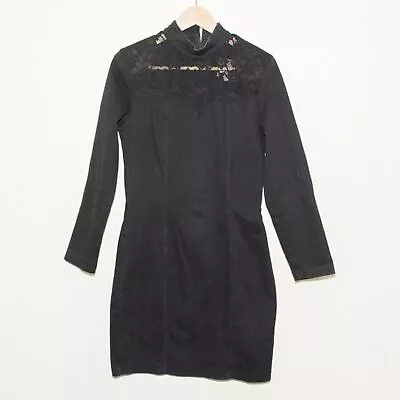 Vintage Not Guilty Black Long Sleeve Denim Dress With Lace Neck Sz 9 • $41.99