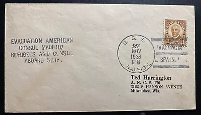 1936 USS Raleigh Evacuation American Consul Madrid Cover To Milwaukee WI USA • $125