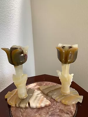 VTG NEW Italian Onyx Stone Pair Candlestick Candle Holders Marble Made In Italy • $79.99