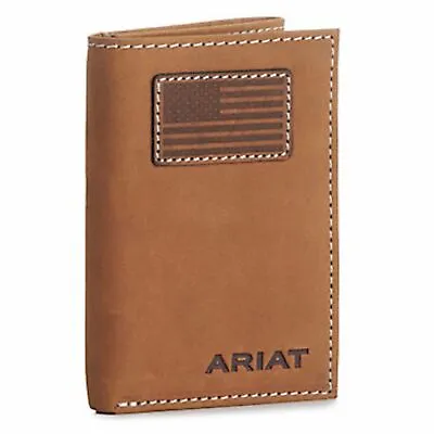 Ariat Mens Leather Flag Patch Tri-fold Wallet Brown • $25