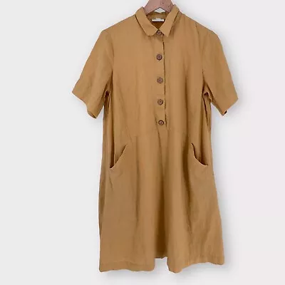 J. Jill • Love Linen 100% Linen Mustard Half Button Pockets Dress Size Small • $32.99
