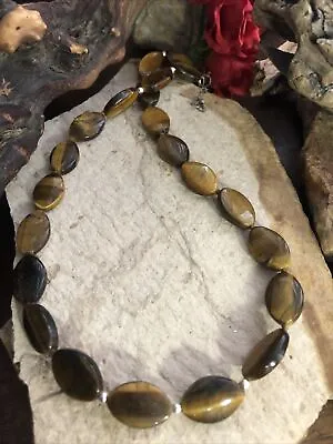 Vintage 925 Sterling Spacer Tigers Eye Flat Oval Stone Bead Beaded Necklace • $39.99