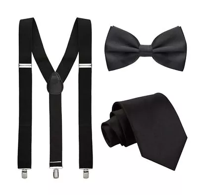 Black Bow Tie Suspender Braces Long Tie Pick & Choose Wedding Prom Unisex Party • £3.99