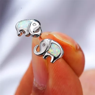 Women's Silver White Simulated Opal Stone Elephant Stud Earring Wedding Jewelry • $0.01